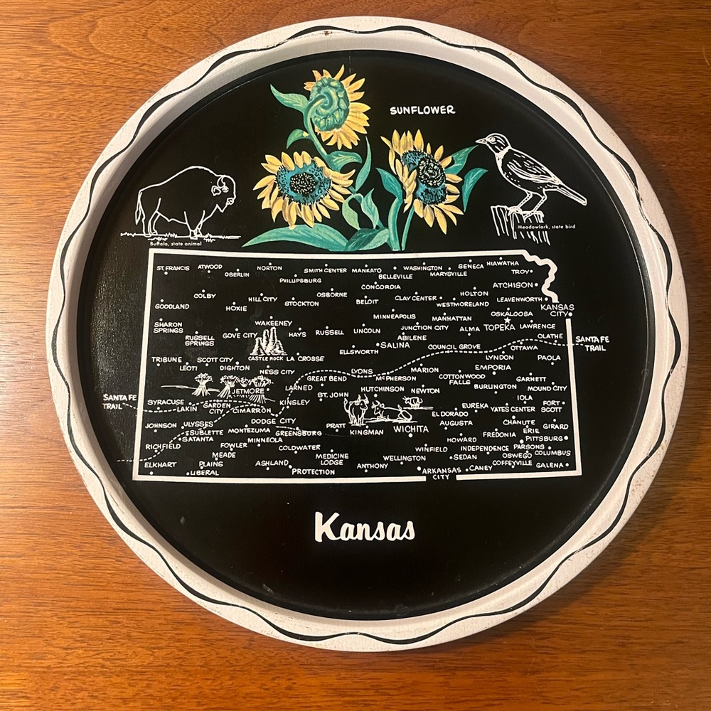 Vintage Kansas Metal Souvenir Tray • Sunflowers • Retro Wall Decor